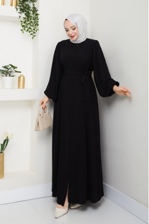 Kolu Lastikli Beli Bağlamalı Fermuarlı Ferace -Siyah