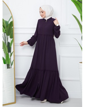 Parçalı Kolu Lastikli Boydan Fermuarlı Ferace -Mor