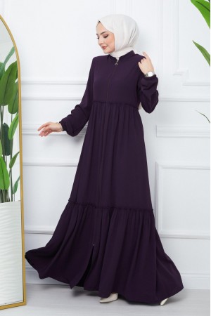Parted Elastic Sleeve Full Zip Abaya - Purple