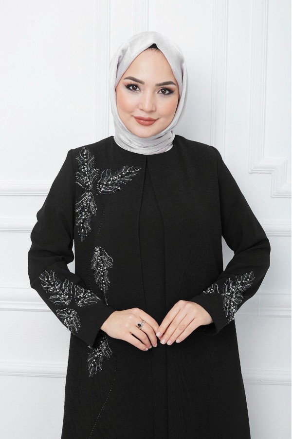 Beaded Detailed Double Layer Crepe Dress -Black