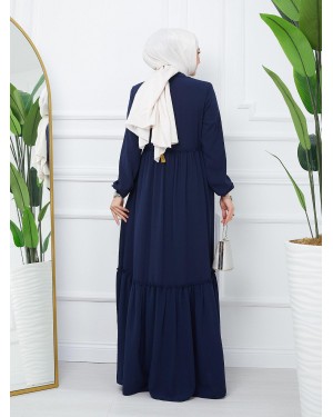 Parted Elastic Sleeve Full Zip Abaya -Navy blue