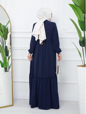 Parted Elastic Sleeve Full Zip Abaya -Navy blue