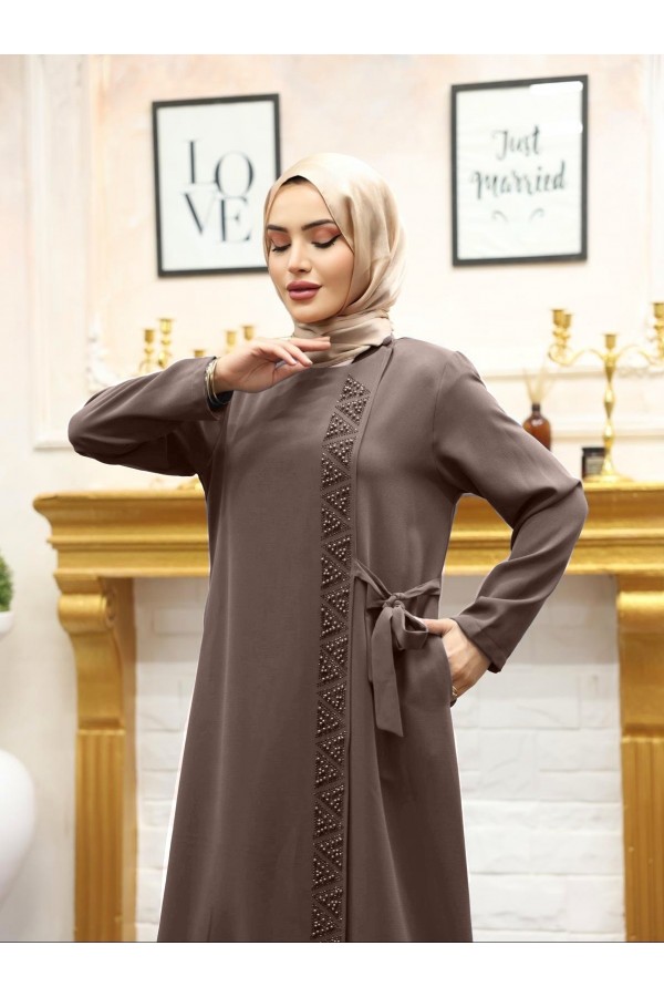 Double Layer Side Tie Abaya with Stone Detail on the Front -Brown