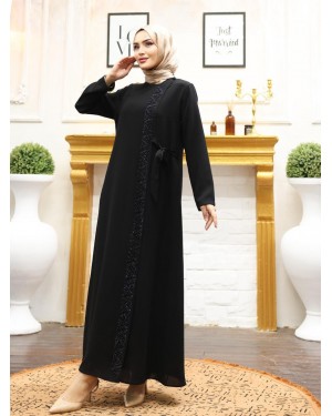 Double Layer Side Tie Abaya with Stone Detail on the Front -Black