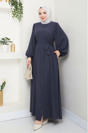 Kolu Lastikli Beli Bağlamalı Fermuarlı Ferace -Antrasit