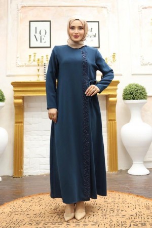 Önü Taş Detaylı Çift Kat Yandan Bağlamalı Ferace  -Petrol