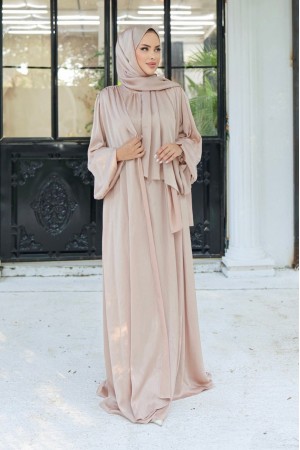 Crinkle Silk Satin 3-Piece Abaya Set - Beige
