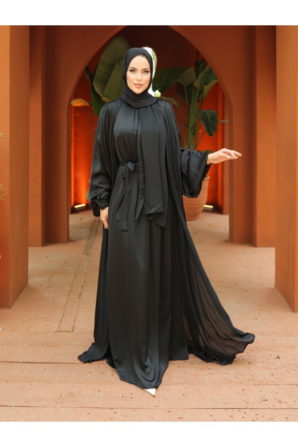 Crinkle Silk Satin 3-Piece Abaya Set -Black