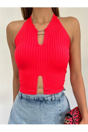 Metal Detaylı Sıfır Kol Fitilli Triko Crop Atlet -Kırmızı