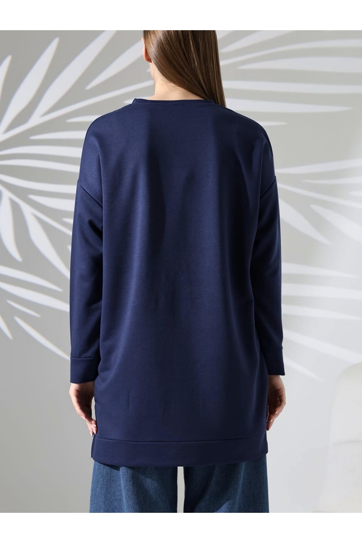 Crew Neck Double Thread Slit Tunic -Navy blue