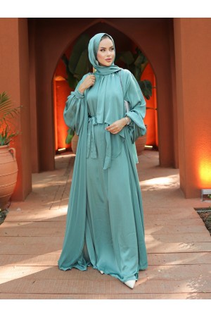 Krinkıl İpek Saten 3'lü Abaya Takım -Çağla Y.