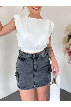 Omuzları Vatkalı Beli Lastikli  Bluz -Beyaz