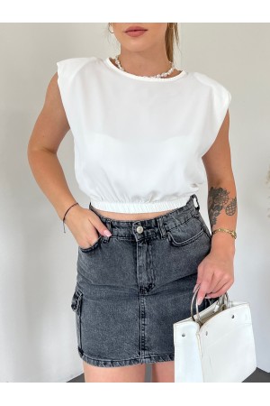 Omuzları Vatkalı Beli Lastikli  Bluz -Beyaz