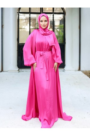 Krinkıl İpek Saten 3'lü Abaya Takım -Fuşya