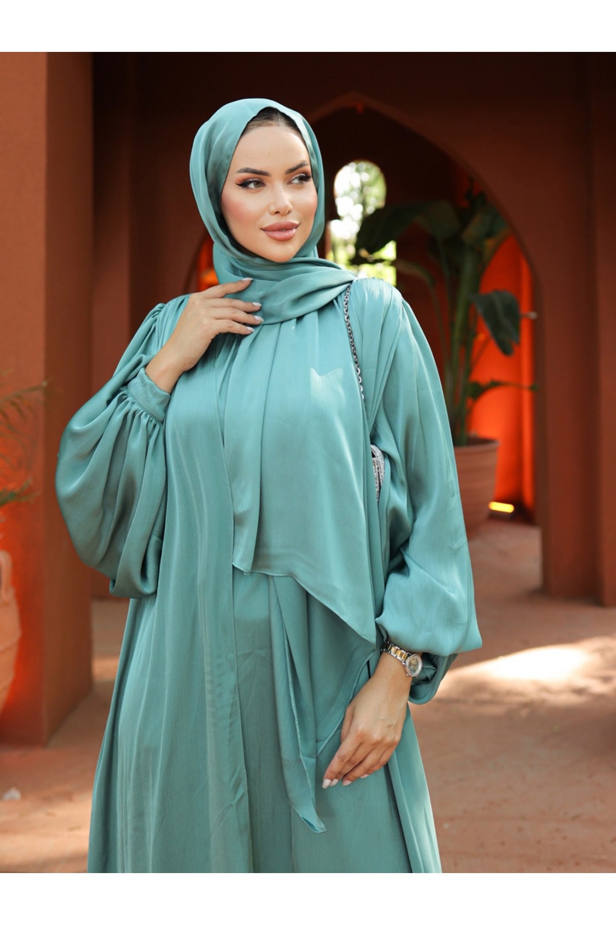 Crinkle Silk Satin 3-Piece Abaya Set -Cagla Green