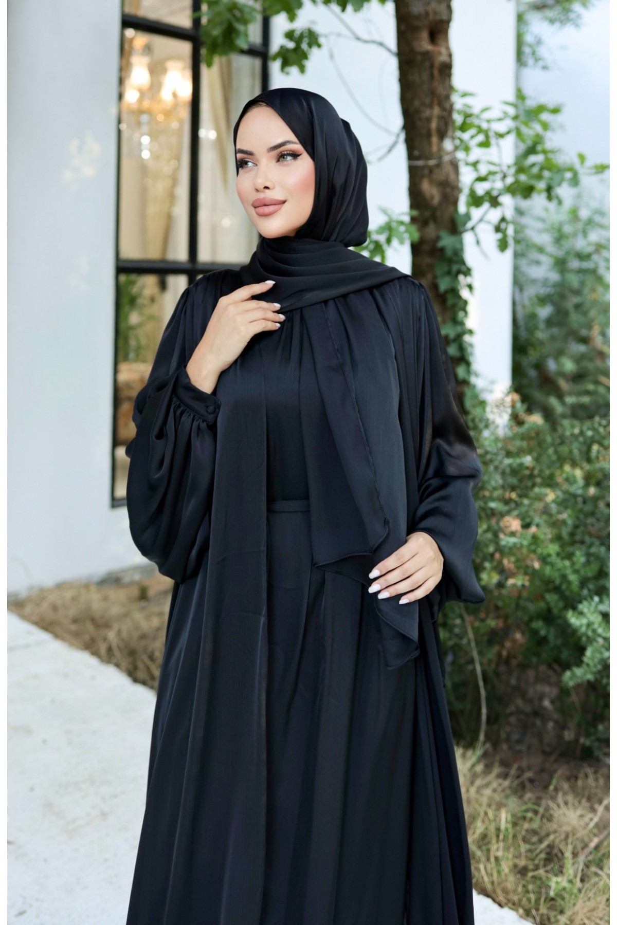 Krinkıl İpek Saten 3'lü Abaya Takım -Siyah