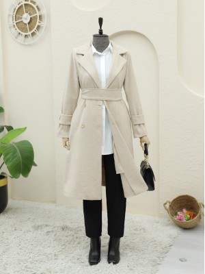 Belted Cashmere Coat with Bolero Detail on the Back - Beige