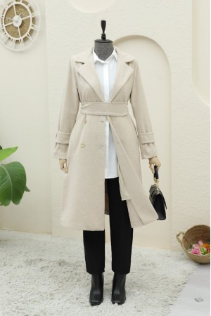 Belted Cashmere Coat with Bolero Detail on the Back - Beige