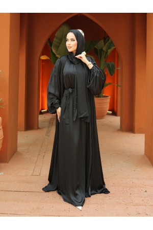 Krinkıl İpek Saten 3'lü Abaya Takım -Siyah