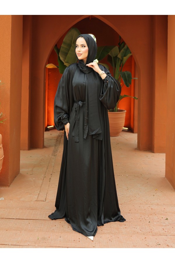 Crinkle Silk Satin 3-Piece Abaya Set -Black