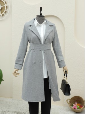 Arkası Bolero Detaylı Kemerli Kaşe Kaban -Gri