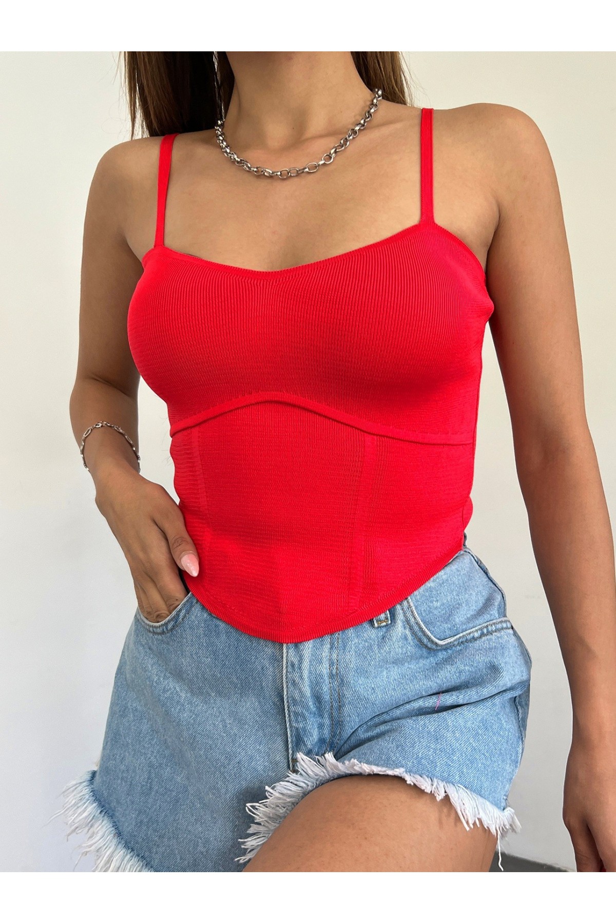 İnce Askılı Triko Crop Atlet -Kırmızı