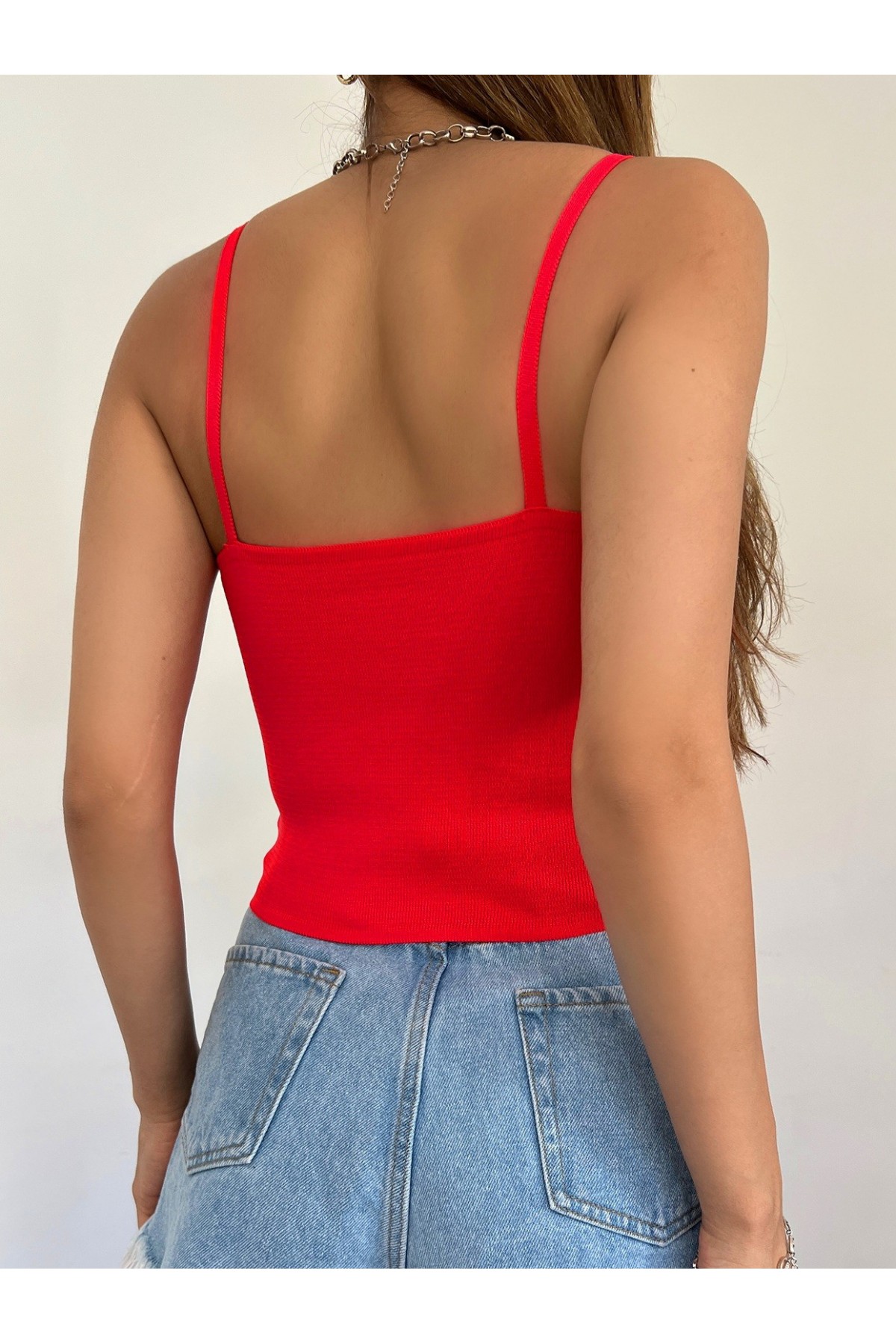 İnce Askılı Triko Crop Atlet -Kırmızı