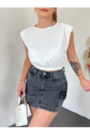 Omuzları Vatkalı Beli Lastikli  Bluz -Beyaz