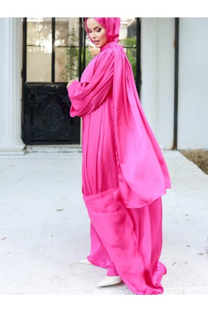 Krinkıl İpek Saten 3'lü Abaya Takım -Fuşya