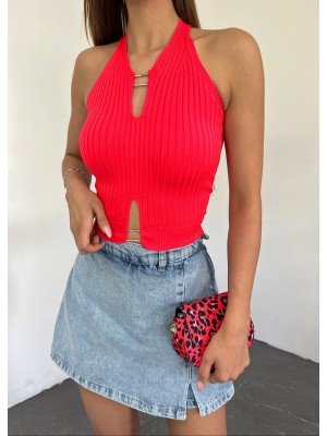 Metal Detaylı Sıfır Kol Fitilli Triko Crop Atlet -Kırmızı