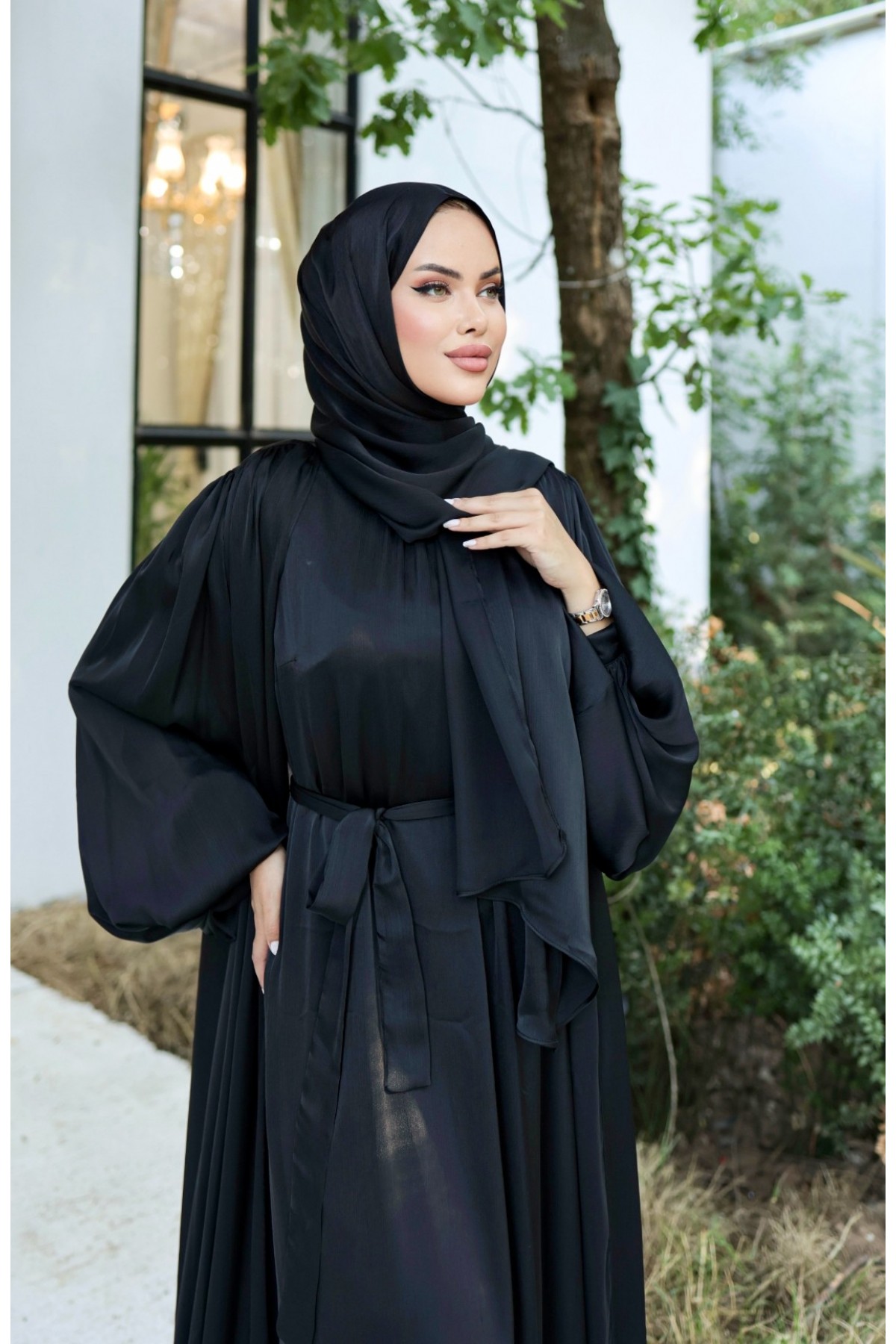 Krinkıl İpek Saten 3'lü Abaya Takım -Siyah
