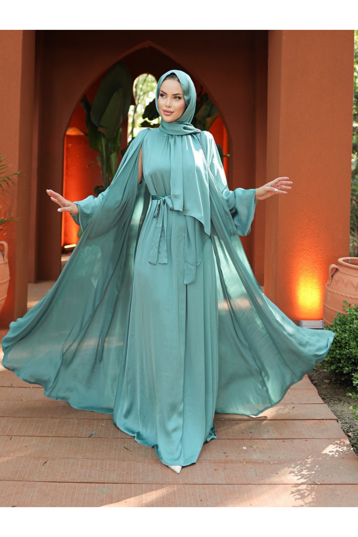 Crinkle Silk Satin 3-Piece Abaya Set -Cagla Green