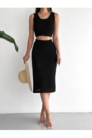 Sıfır Kol  Etekli Triko Takım -Siyah