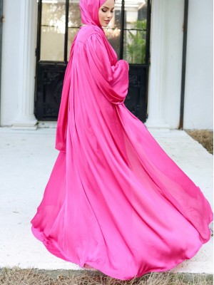 Krinkıl İpek Saten 3'lü Abaya Takım -Fuşya