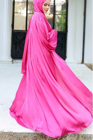 Krinkıl İpek Saten 3'lü Abaya Takım -Fuşya
