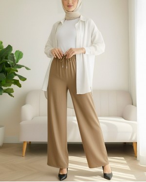 Beli Lastikli Bağcık Detaylı Bol Paça Sofya Keten Pantolon  -Tarçın