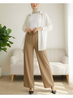 Beli Lastikli Bağcık Detaylı Bol Paça Sofya Keten Pantolon  -Tarçın