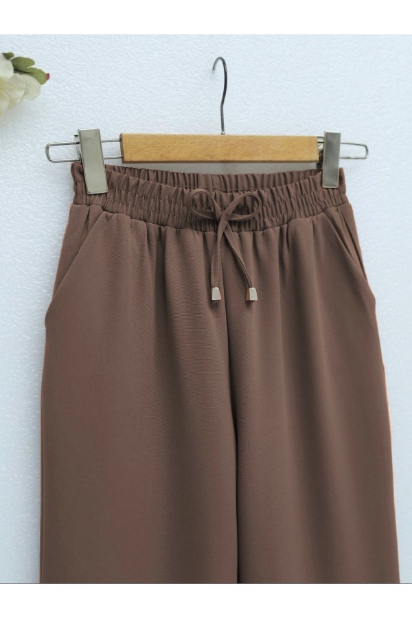 Çift Cepli Beli Lastikli Bağcık Detaylı Pantolon -Vizon