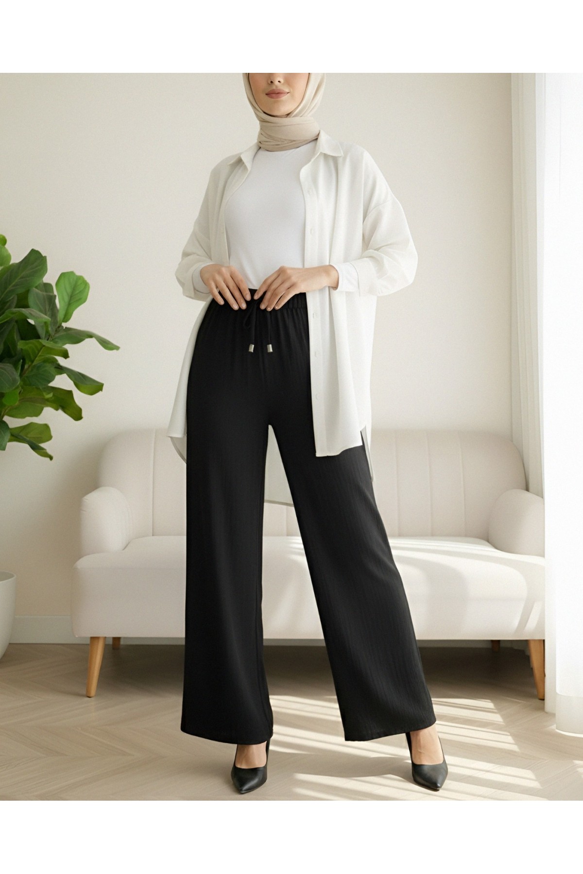 Elastic Waist Lace Detail Wide Leg Sofia Linen Trousers  -Black
