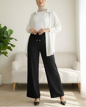 Beli Lastikli Bağcık Detaylı Bol Paça Sofya Keten Pantolon  -Siyah