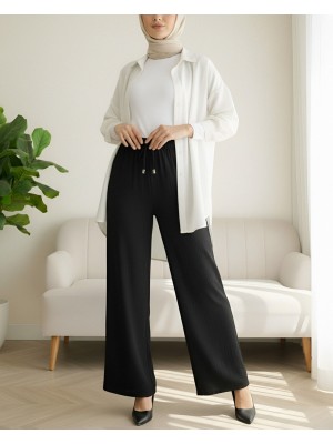 Beli Lastikli Bağcık Detaylı Bol Paça Sofya Keten Pantolon  -Siyah