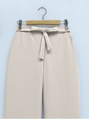 Beli Lastikli Bağlamalı  Bol Paça Pantolon  -Bej