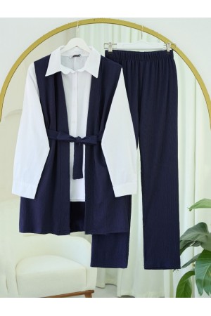Waist Belted Vest and Trousers with Side Pockets and Crinkle Set -Navy blue