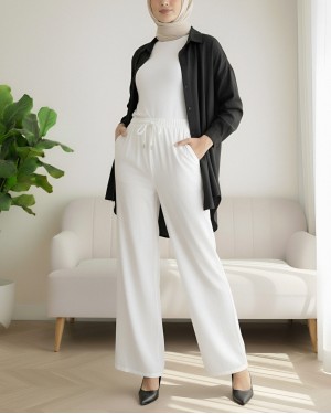 Beli Lastikli Bağcık Detaylı Bol Paça Sofya Keten Pantolon -Beyaz