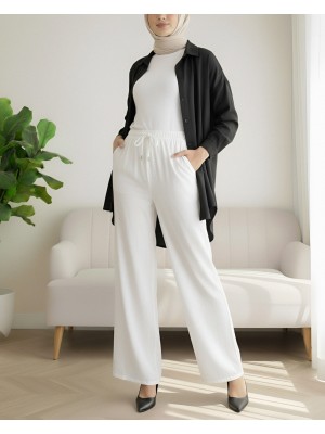 Beli Lastikli Bağcık Detaylı Bol Paça Sofya Keten Pantolon -Beyaz