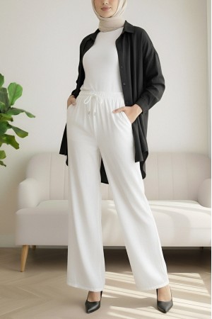 Beli Lastikli Bağcık Detaylı Bol Paça Sofya Keten Pantolon -Beyaz