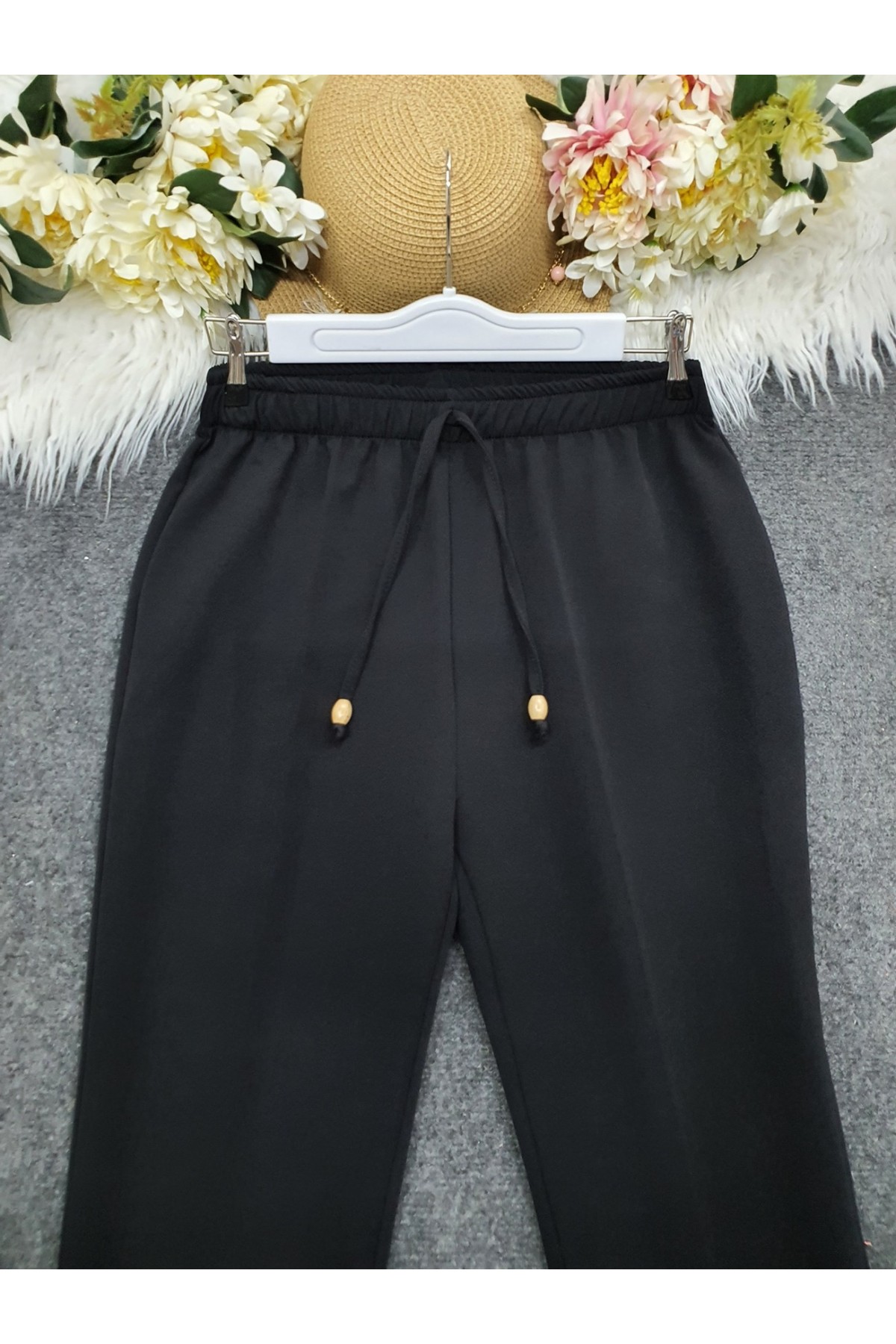 Lace Detail Elastic Waist Bell-Length Trousers -Black