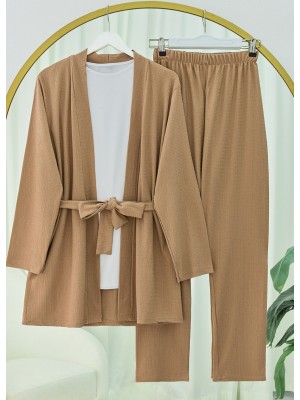 Crinkle Kimono Set with Side Pockets, Waist Belt, Long Sleeve Trousers -Mink color