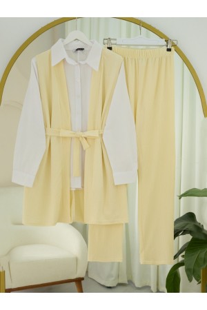 Waist Belted Vest and Trousers with Side Pockets and Crinkle Set -Light yellow