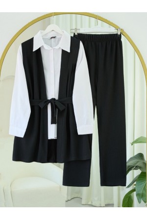 Waist Belted Vest and Trousers with Side Pockets and Crinkle Set -Black